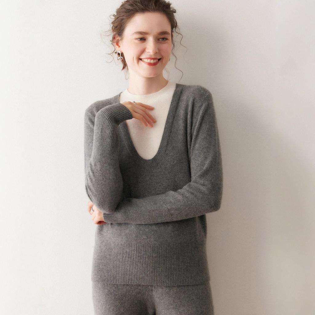 Women's Colorblock Round Neck Two-Piece Cashmere Sweater - Long Sleeve Knitwear for Autumn/Winter