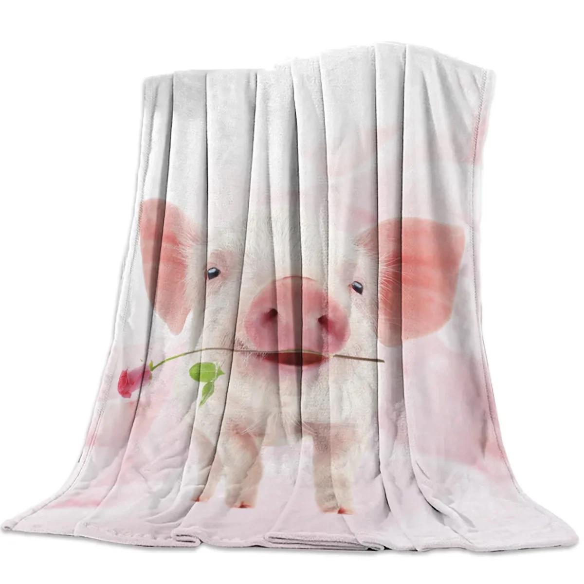 

Pink Pig Flower Rose Flannel Blanket for Bed Sofa Portable Soft Fleece Throw Blankets Funny Plush Bedspread Queen King Twin Size 80x120cm