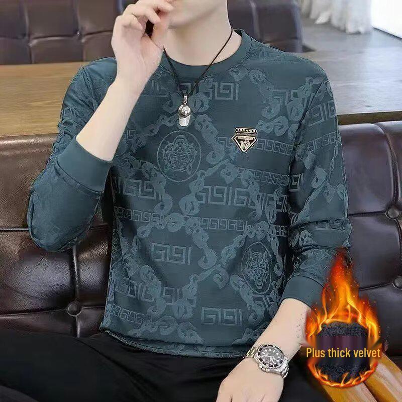 Men s Velvet Warm Jacquard Round Neck Hoodie Long Sleeve Casual Top for Fall/Winter XL синий