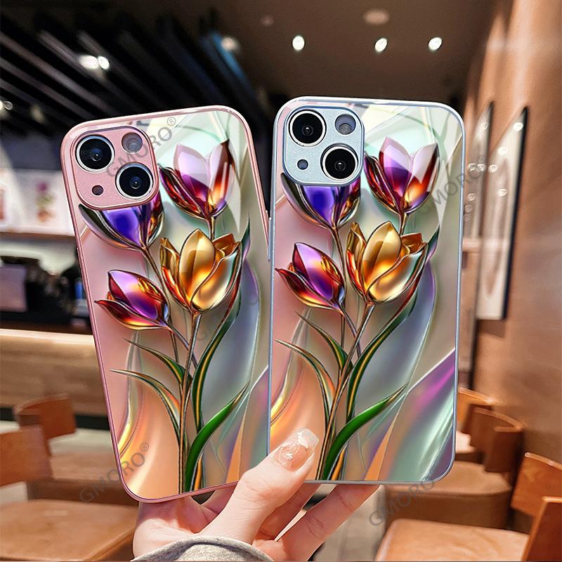 Metal texture tulip mobile phone case iPhone15promax high value glass mobile phone case Apple 17