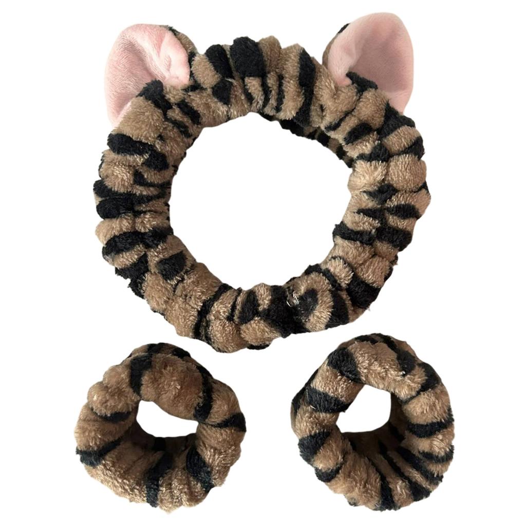 3 szt. Opaska do mycia twarzy, miękka, wygodna pluszowa opaska, zestaw opasek na nadgarstek dla dziewcząt, opaska do mycia w kształcie kreskowanych kocich uszu