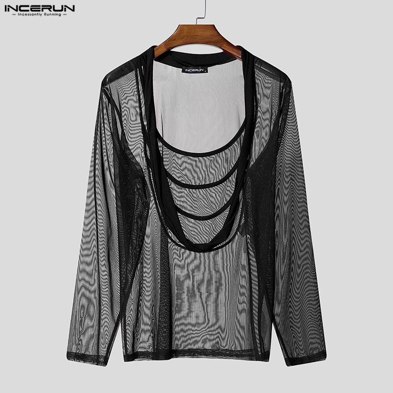 INCERUN Men Deep Swing Neck Long Sleeve Mesh Sheer Transparent Casual Party Shirts Tops 4XL чёрный