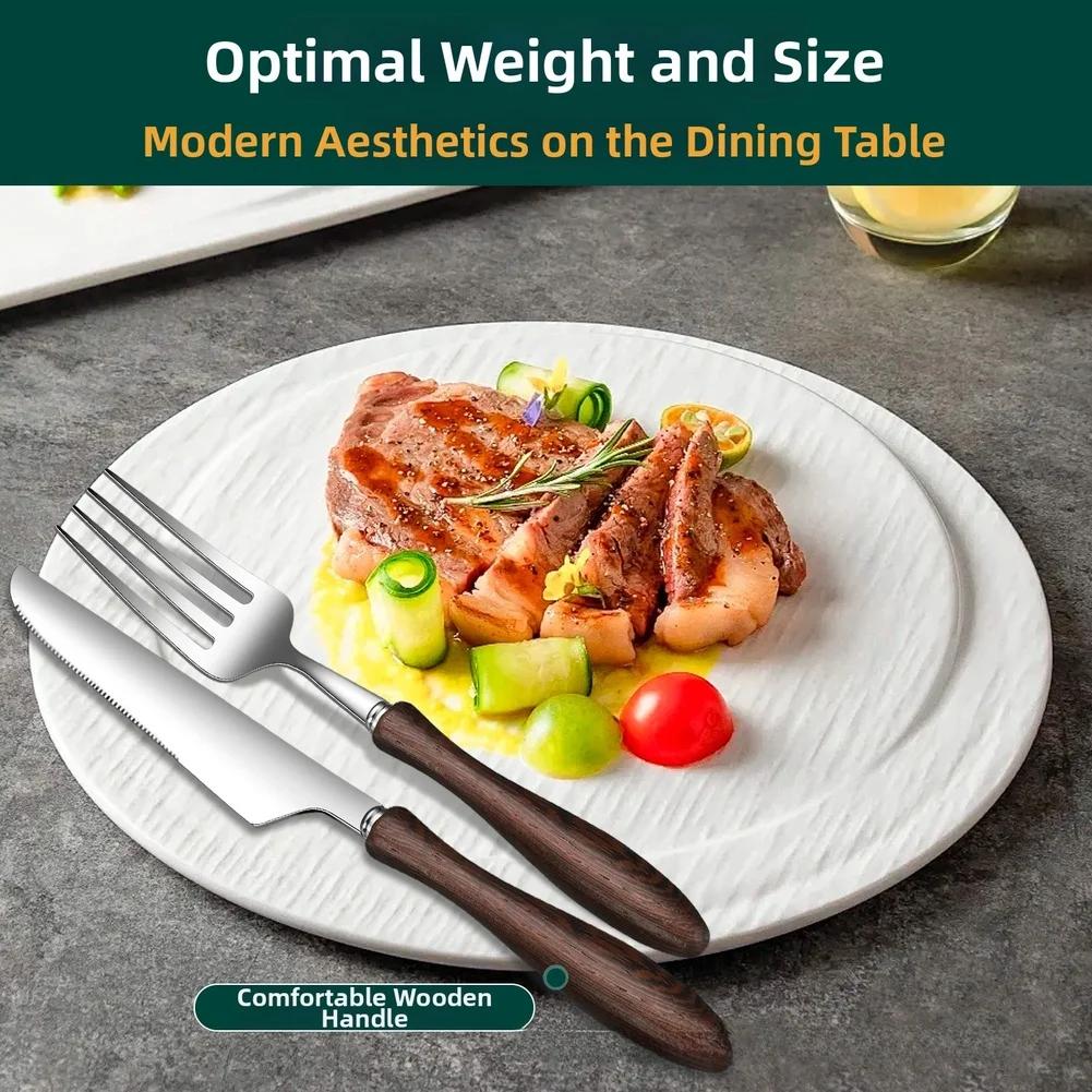 4/6 Pcs Stainless Steel Tableware-Utensil, Fork, And Spoon Set Wooden Handle Cutlery For Steak Dining Kitchen Flatware Sets