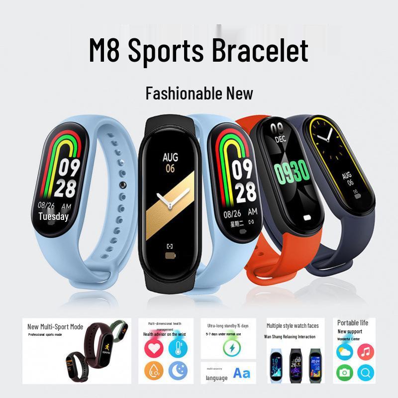 M8 Smart Bracelet: Color Screen Health & Fitness Tracker with Heart Rate, Blood Pressure, Sleep Monitoring, and Bluetooth Connectivity.