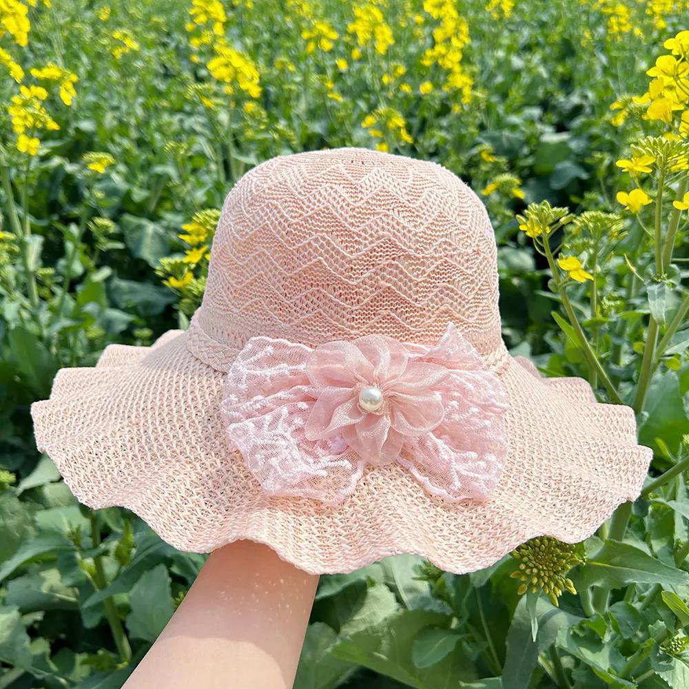 

WTEMPO Женские однотонные складные солнцезащитные шляпы весна-лето с жемчужным цветком и бантом, широкие поля для путешествий, пляжа, дышащие солнцезащитные шляпы 1pc светло-розовый