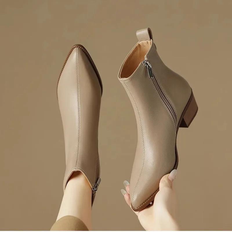 Black Leather Women Ankle Boots Side Zipper Decor Flats Chelsea Botas Mujer Vintage Brown Autumn Knight Botines Femmes