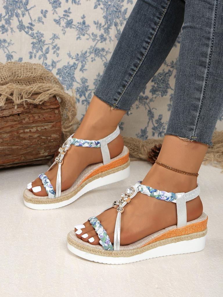 Fashion Fashion T-Strap Platform Sandals for Women New Mix Color Elastic Band Wedge Sandals Woman Summer Daily Open Toe Sandalias Female
