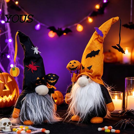 Halloween Plush Gnome Decorations Light Up Decoration, Spooky Orange Black Swedish Tomte Elf Figurine, Stuffed Fabric Figurines Cute Glowing