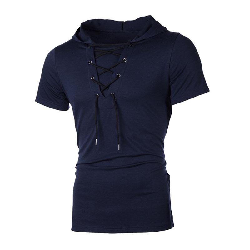 Herren T-Shirt Sommer Persönlichkeit Kapuzen-Tees Schnürung Kurzarm T-Shirt Homme Slim Fit Sportbekleidung Kleidung Herren T-Shirt