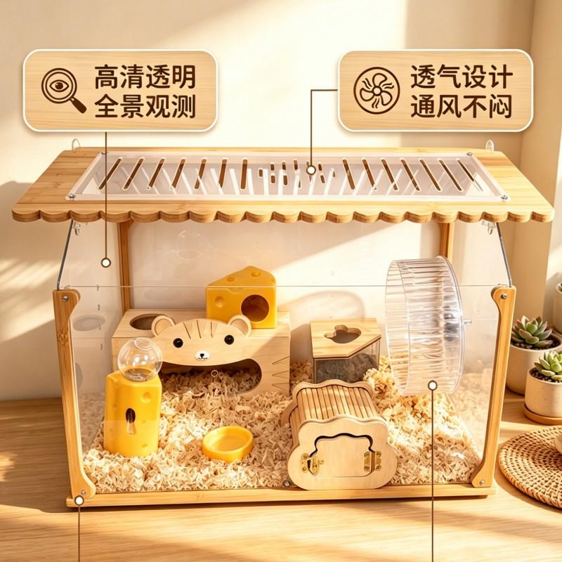 Large Wooden Hamster Cage With Clear Acrylic Panels Ventilated Escape-Proof Design Syrian Dwarf Hamsters