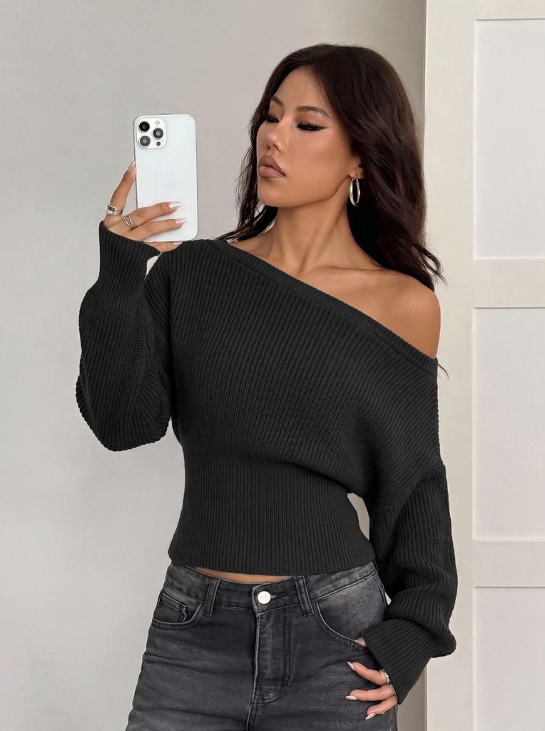 European and American autumn and winter spice girls one-word collar off-the-shoulder knitted sweater for women with waist and thin sexy long-sleeved