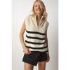 Women's Cream Black Zippered Collar Striped Sweater Mx00123
