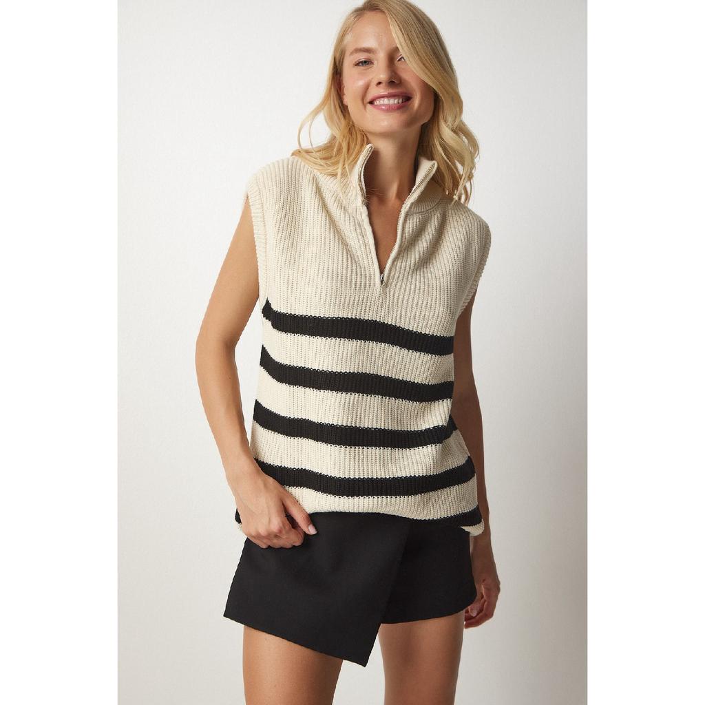 Women's Cream Black Zippered Collar Striped Sweater Mx00123