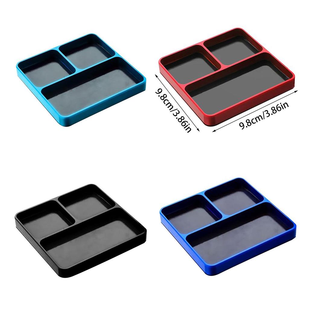 Magnetyczna taca na narzędzia ze stopu aluminium do naprawy części samochodów modelarskich i organizacji drobnych elementów metalowych. Kompaktowa przenośna konstrukcja z bezpiecznym schowkiem.