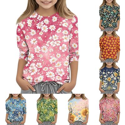 Girls Floral Print Crew Neck Three Quarter Sleeve Casual T Shirt Lightweight Soft Fabric Comfortable Fit