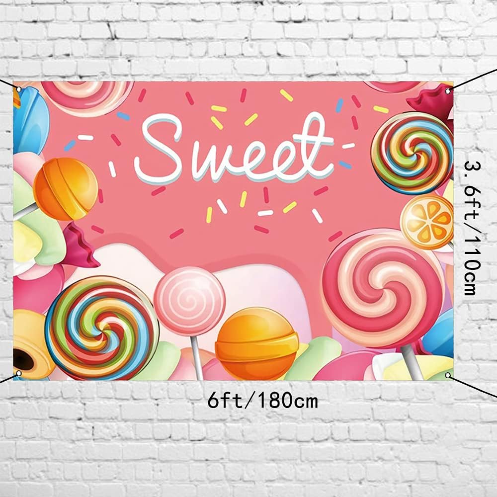 AWERT Polyester 6x3.6ft Sweet Candyland Banner - Colorful Lollipops Backdrop - Candy Land Theme Baby Shower & Dessert Birthday Party Decoration