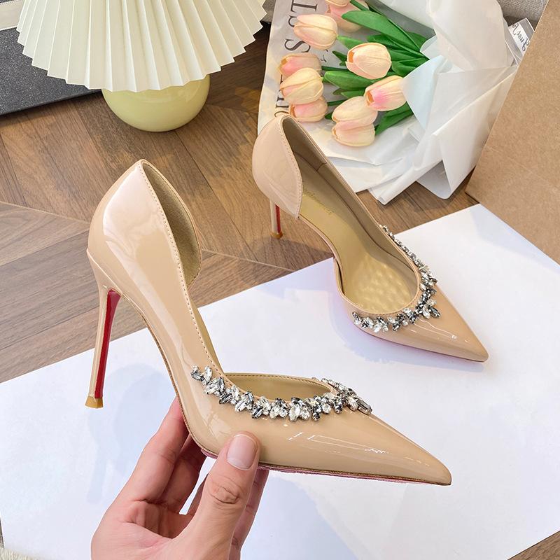 

Nude high heels women s 2025 new chain rhinestone thin heel pointed temperament French red sole banquet side empty single shoes 40