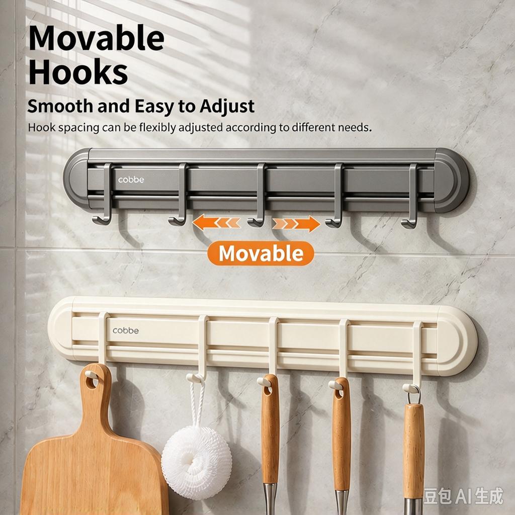 No-Drill Kitchen Hook Rack Movable Utensil Hanging Rail Wall-Mounted Storage Organizer for Spatulas Spoons Ladles and Kitchen Tools