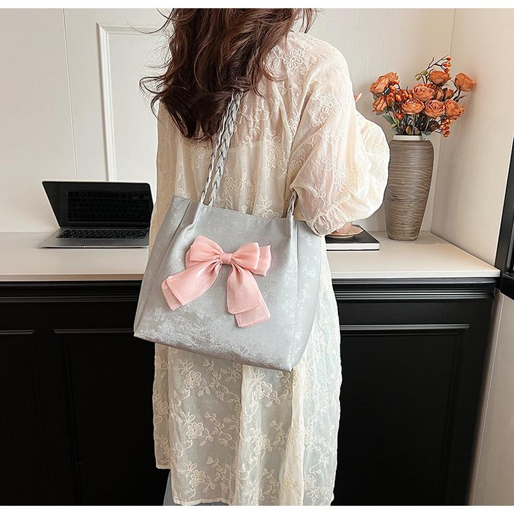 Chic Bow Knot Faux Leather Tote Bag for Women, Color Block Single Shoulder Handbag, Casual Daily Commute Work Bag KTB