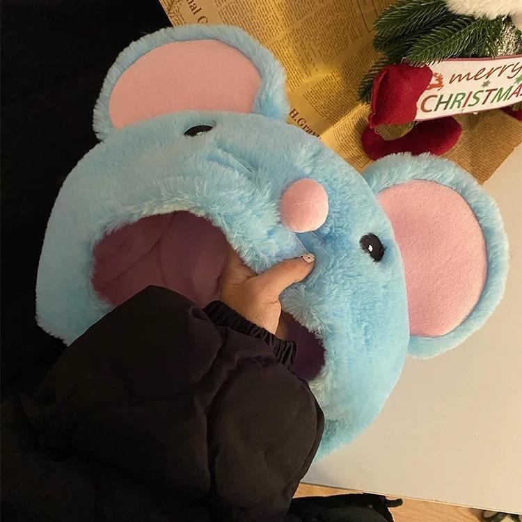 Cartoon cute little blue mouse upright ear plush pullover hat children autumn and winter sweet and versatile outdoor warm ear protection headgear
