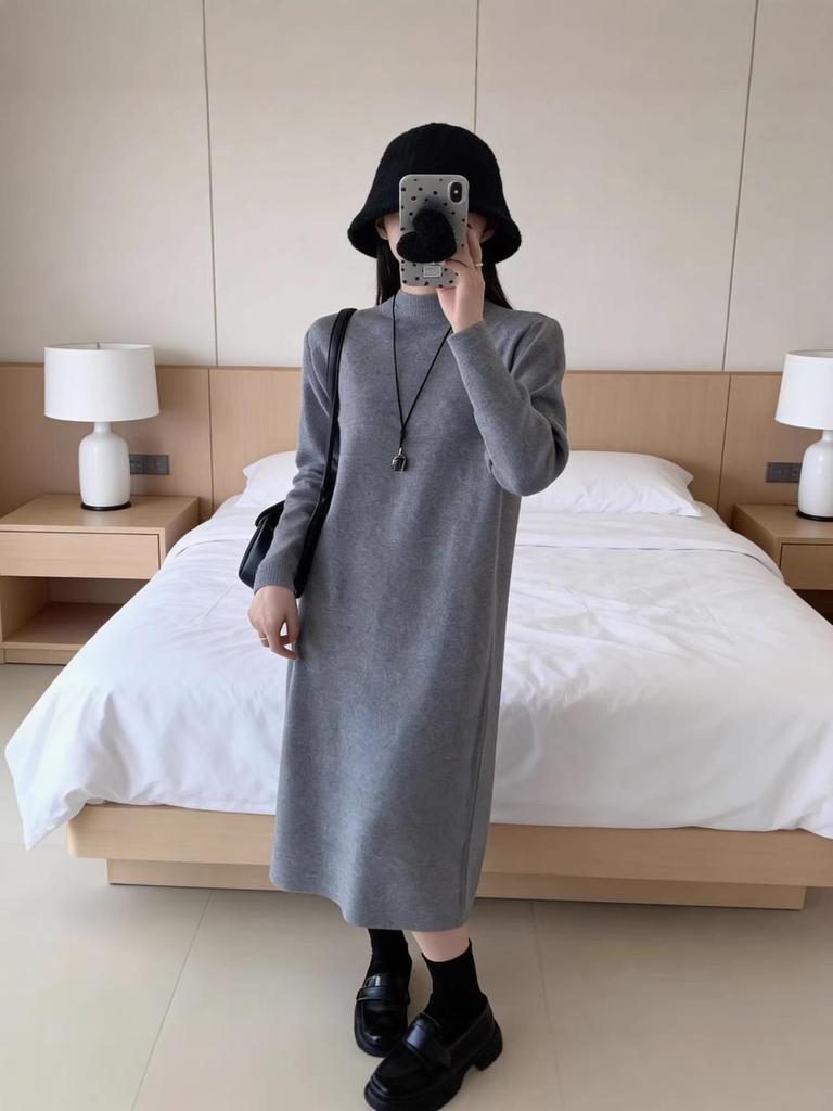 Petite Half-High Collar Knit Sweater Dress for Women - Autumn/Winter Base Layer