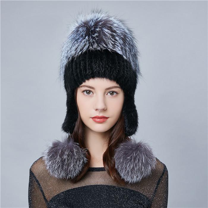 

Осенне-зимняя женская шапка из норковой шерсти, норковая шапка-молния, шапка-ушанка с полной головой из меха чернобурки One size, with elastic чёрный