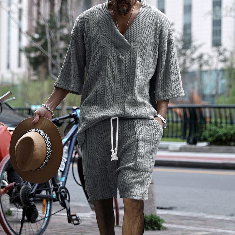 2024 Spring/Summer New European and American Casual Loose 7/4 Sleeve Jacquard Knitwear Top Shorts Men's Set