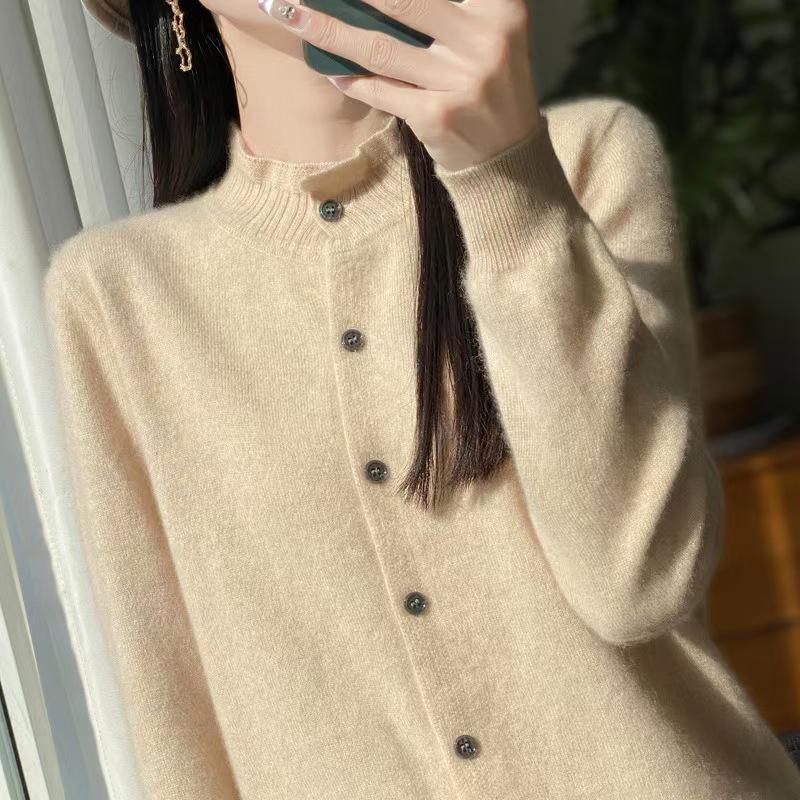 Elegant Women's Wool Knit Cardigan with Lace Collar - Long Sleeve, Loose Fit, Perfect for Spring/Autumn Layering