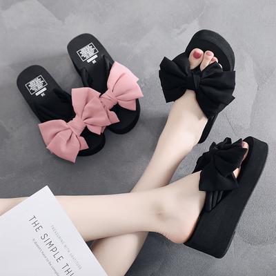 Fashion Women Slippers Bowknot Wedges 6cm High Heel Summer Female Flip Flops Indoor Outdoor Casual Beach Slides EVA Black Sandales 2024