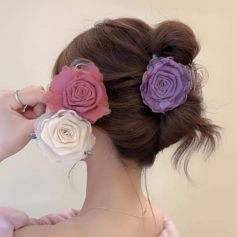 Mesh Flower Hair Clip for Woman Elegant Temperament Shark Clip Girl Ponytail Hair Clamp
