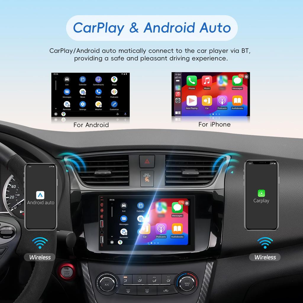 Double Din Wireless Carplay Android Auto Car Stereo, 7" IPS Touch Screen Car Audio