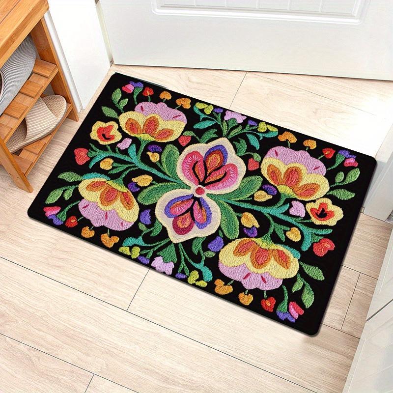 

Flannel Thickness 0.47inch - 1pc Ukrainian Traditional Embroidery Door Mat, Black Base Pink Floral Pattern, Absorbent Non-Slip D 40cm x 60cm