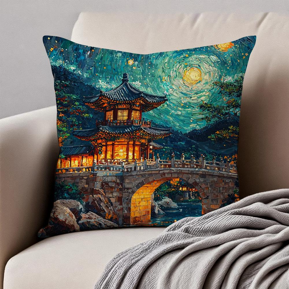 Historic Korean Landmark FFoguo Temple Cushion Cover Pillowcase Antidustmite Invisible Zipper Short Plush Sofa Cushion