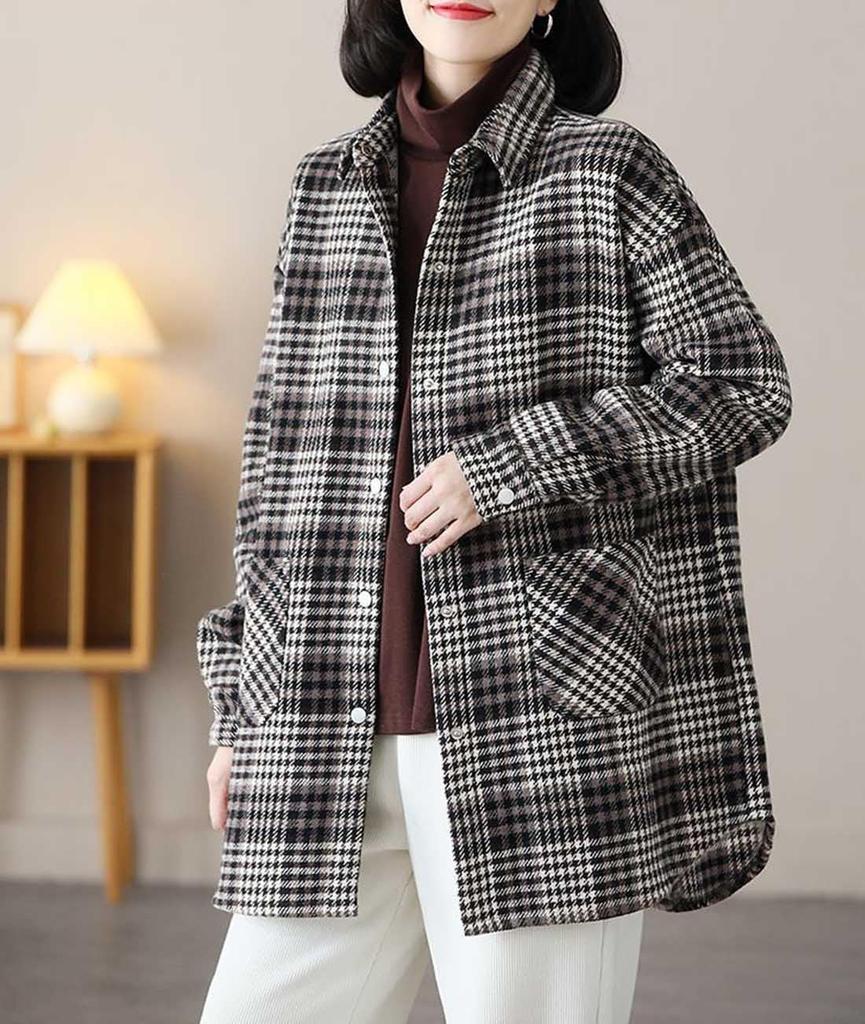 EASTEMPO Langarm Büro Locker Kariert Große Größen Damen Hemd, Herbst, Freizeit, Passform, Muster, (JP, Alphabet, 2XL, Schwarz)