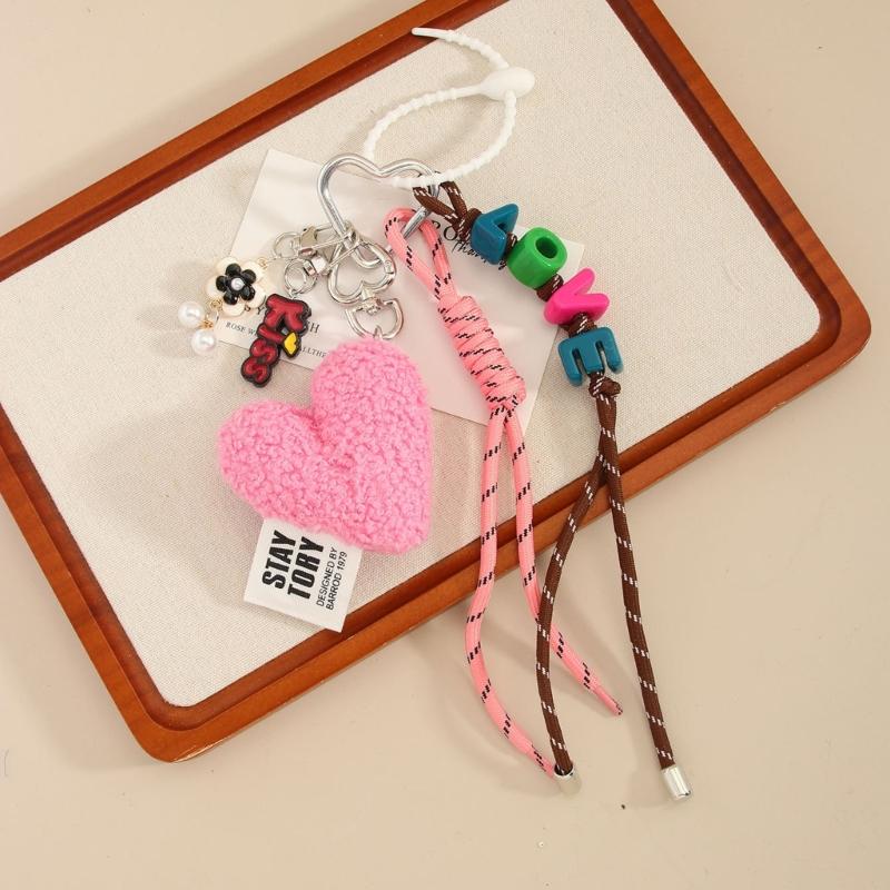 Trendy Soft Bag Detail Unique Heart Pattern Polyester Keychain Accessory Pendant For Purse Handbags Bags Keys