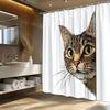 Tabby Cat Shower Curtain - Realistic Detailed Style With Brown, Black, Beige Cat & Green Eyes, Pink Nose, White Panel