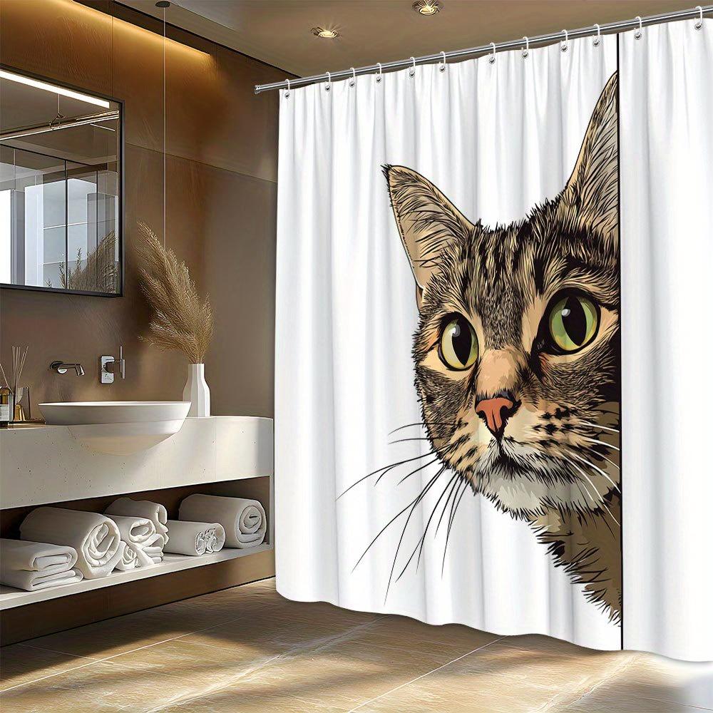 Tabby Cat Shower Curtain - Realistic Detailed Style With Brown, Black, Beige Cat & Green Eyes, Pink Nose, White Panel