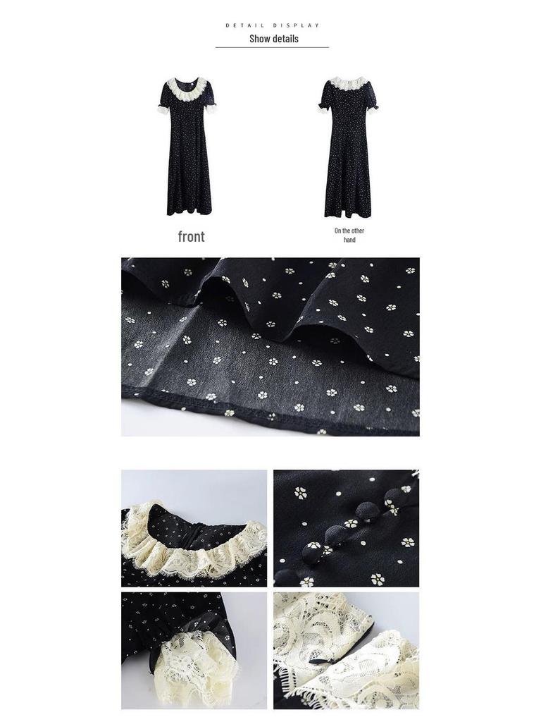 Black French Lotus Leaf Collar Floral Tea Dress - 2024 Summer Luxury Mid-Length Short Sleeve