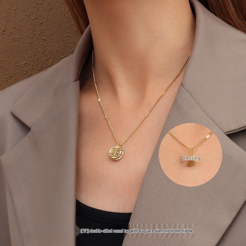 Chinese Double Happiness Fu Character 18K Gold Zirconia Pendant Clavicle Necklace for Women, Titanium Steel