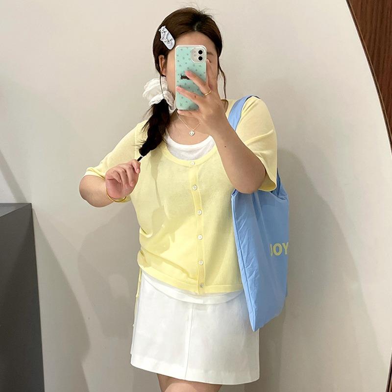 Plus Size Women's Summer Design Sense Fake Two Drawstring Knit Short Sleeved Tops