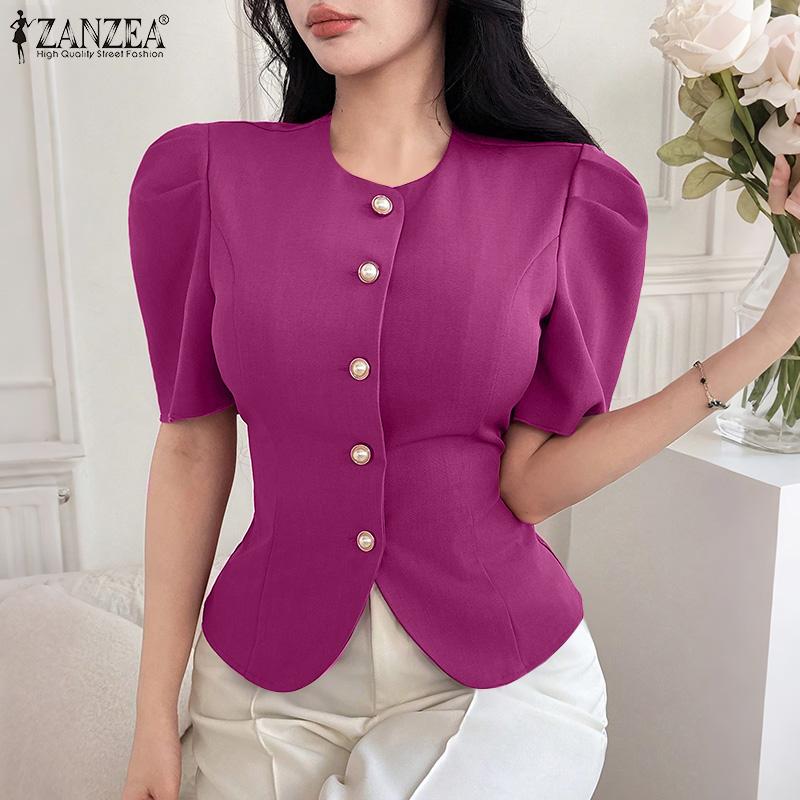 

ZANZEA Женская повседневная блузка с круглым вырезом, летняя, с коротким рукавом, приталенная S чёрный