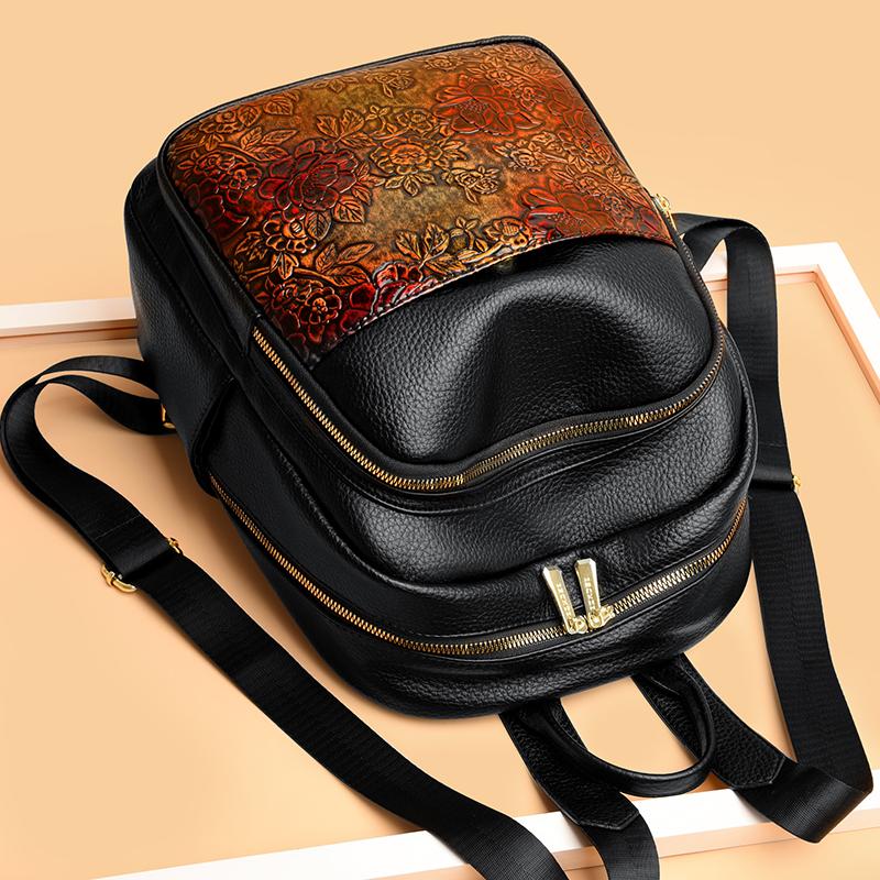 Vintage Embossing Women Large Capacity Backpack Leather Vintage Bag for Women School Bag Travel Rucksack Ladies Bookbag Knapsack