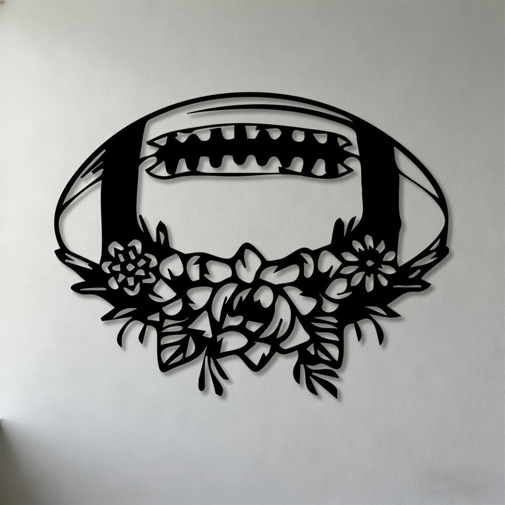 

1pc Rugby Ball Floral Wreath Metal Wall Art Iron Sculpture Art Deco Wall Mounted Decor for Sports Room Man Cave Bedroom Living Room 30cm-11.81inch чорний