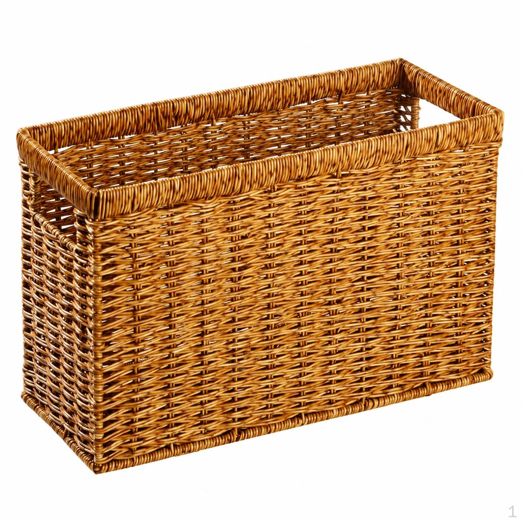 Woven Storage Baskets, Rectangular Wicker Basket with CutOut Handles, Tan Synthetic Rattan for