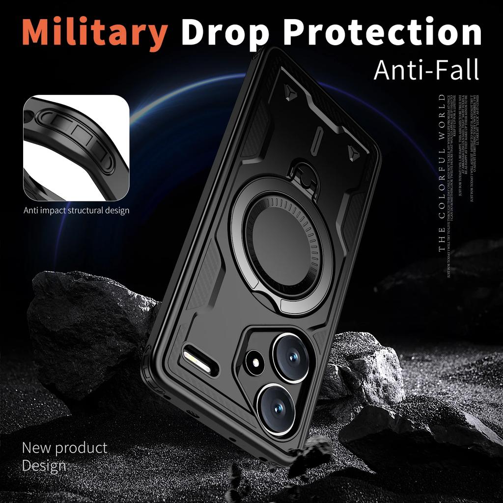 For Xiaomi Redmi Note 13 Pro Plus 5G Case Military Armor Shockproof 360° Rotating Magnetic Ring Stand TPU Plastic Phone Cover