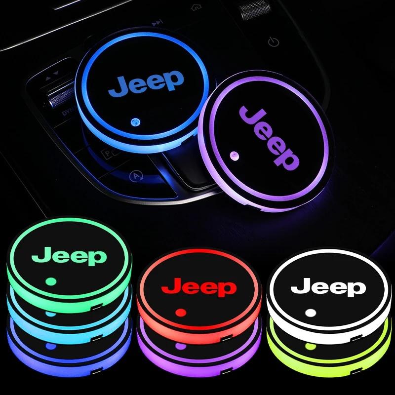 2Pcs Color Changing LED Car Cup Holder Light For Jeep Compass Renegade Anti-slip Luminous Cup Mat Auto Interior Accessories AMY1