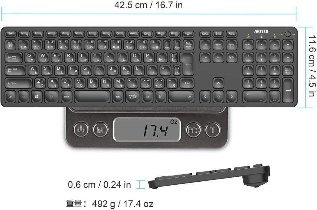 Arteck 2.4G Wireless Keyboard, Lightweight, Full-Size with Numeric Keypad, Media Functions, and Hotkeys, Compatible with Computers, Desktops, PCs,