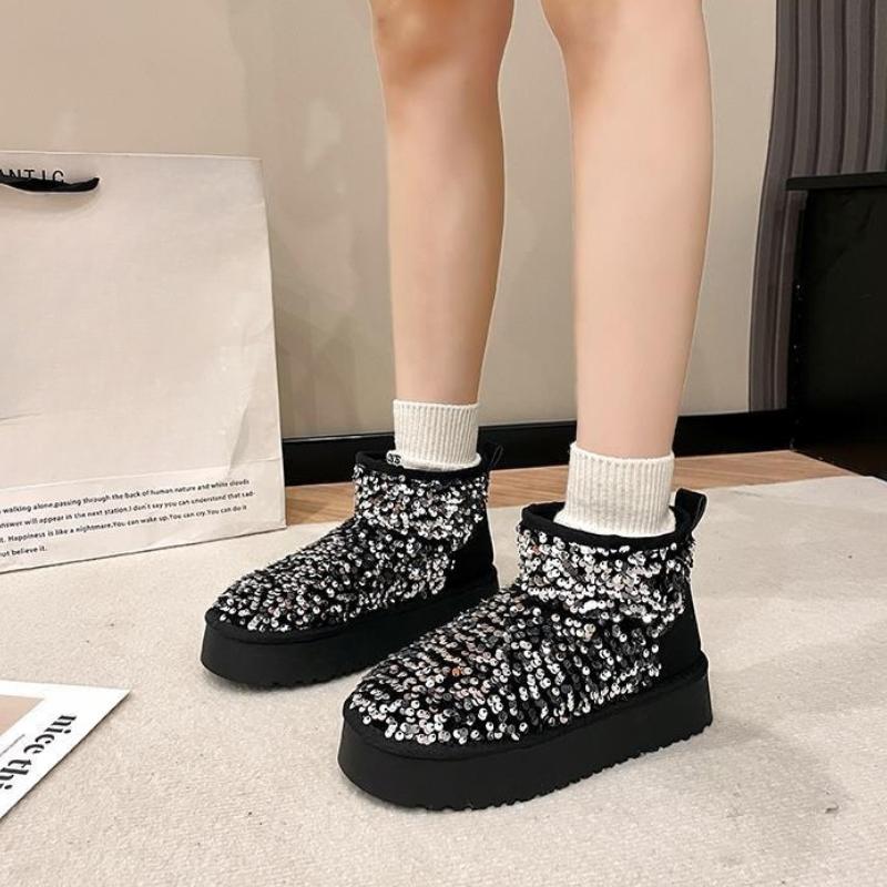 Fashion Sequins Height Increase Woman Shoes Round Toe Booties Plush Chunky Snow Boots for Women Designer Luxury Y2k Goth Warm Footwear