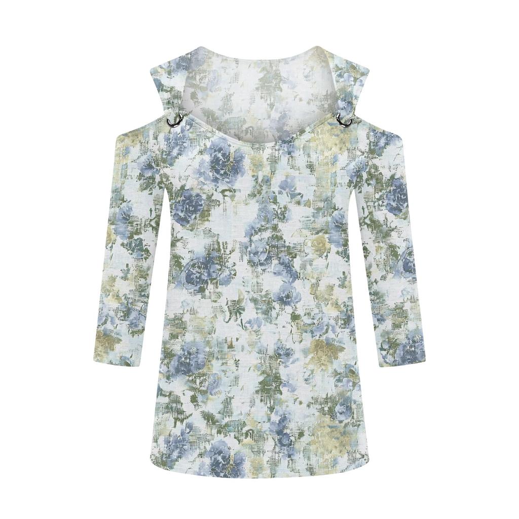 Camicia Casual da Donna Blusa Stampa Scollo a V Sexy Spalla Scoperta Manica 3/4 Top