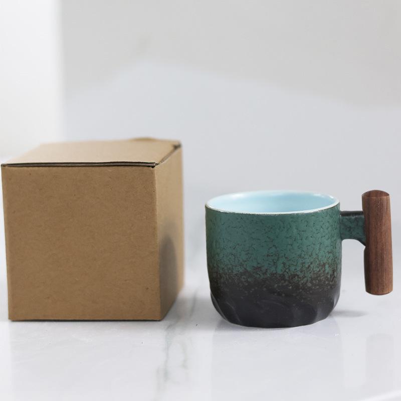 Exquisite Ceramic Tea & Coffee Cup with Wooden Handle - Gradient Glaze, Gift Box Set